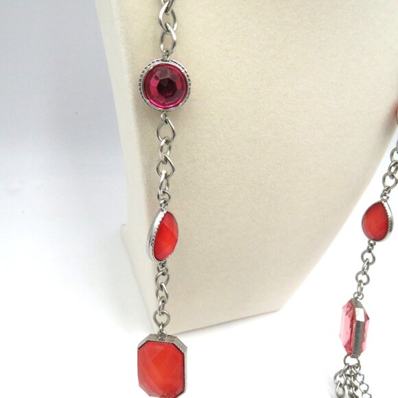 Multi Strand Layered Necklace Bib Coral Pink Faceted Beads 32" Silver Tone Chain - Picture 3 of 7